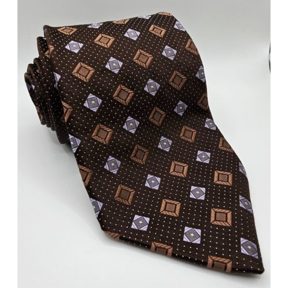 Ike Behar Necktie Silk Hand Tailored Geometric Pattern Brown made in USA